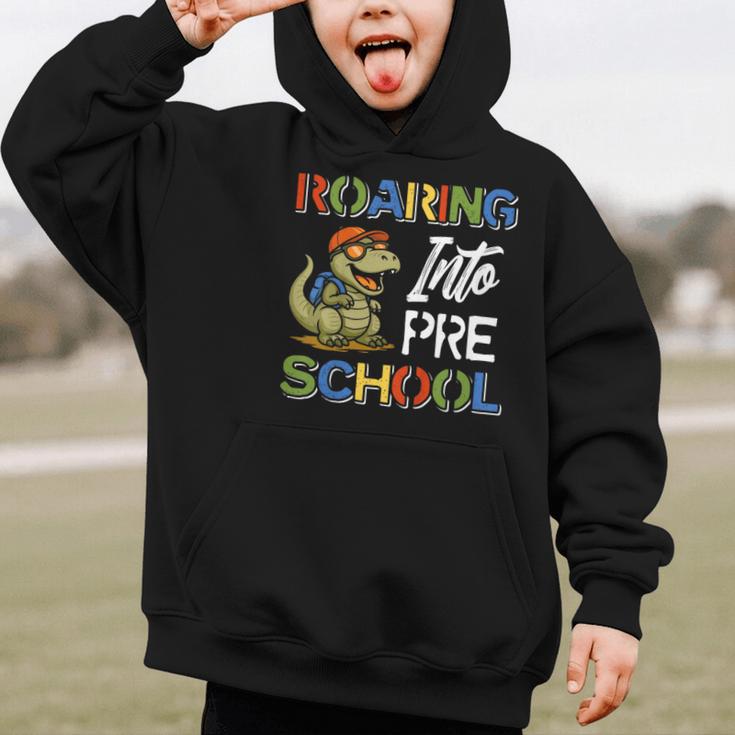 Roaring Into Preschool First Day Back To School Students Graphic Kid Hoodie Roaring Into Preschool First Day Back To School Students Graphic Kid Hoodie