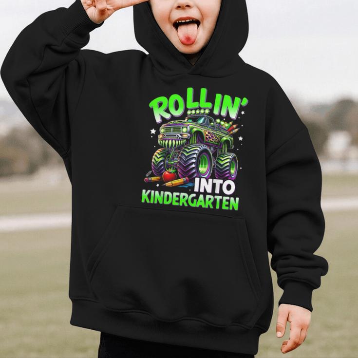 Rollin' Into Kindergarten Monster Truck Back To School Boys Graphic Kid Hoodie Rollin' Into Kindergarten Monster Truck Back To School Boys Graphic Kid Hoodie