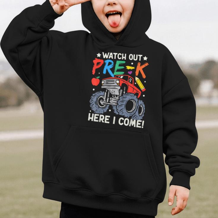 Watch Out Pre-K Here I Come Monster Truck Back To School Graphic Kid Hoodie Watch Out Pre-K Here I Come Monster Truck Back To School Graphic Kid Hoodie
