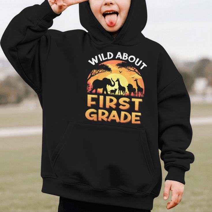 Wild About First Grade Zoo Animals Back To School Safari Graphic Kid Hoodie Wild About First Grade Zoo Animals Back To School Safari Graphic Kid Hoodie