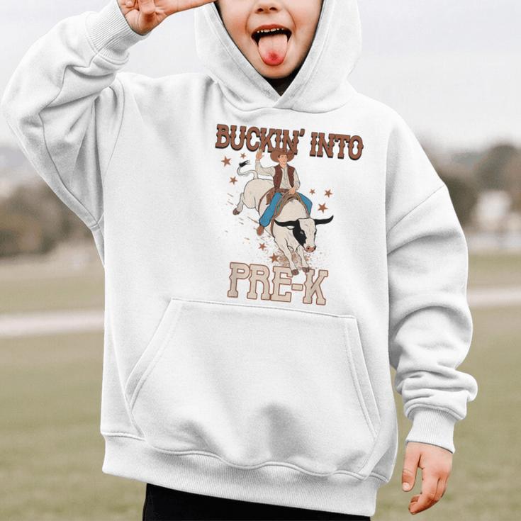 Buckin' Into Pre-K Back To School Cowboy Western Graphic Kid Hoodie Buckin' Into Pre-K Back To School Cowboy Western Graphic Kid Hoodie