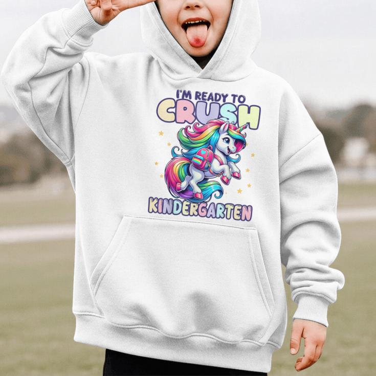 Crush Kindergarten Girls Back To School Unicorn First Day Graphic Kid Hoodie Crush Kindergarten Girls Back To School Unicorn First Day Graphic Kid Hoodie