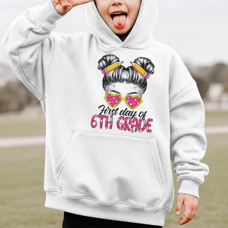 First Day Of 6th Grade Messy Hair Bun Girl Back To School Graphic Kid Hoodie