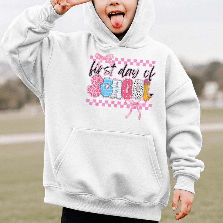 Girl First Day Of School Coquette Bow Pink Back To School Graphic Kid Hoodie Girl First Day Of School Coquette Bow Pink Back To School Graphic Kid Hoodie