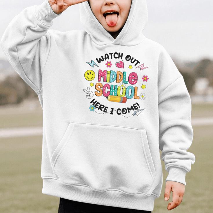 Groovy Watch Out Middle School Here I Come Back To School Graphic Kid Hoodie Groovy Watch Out Middle School Here I Come Back To School Graphic Kid Hoodie