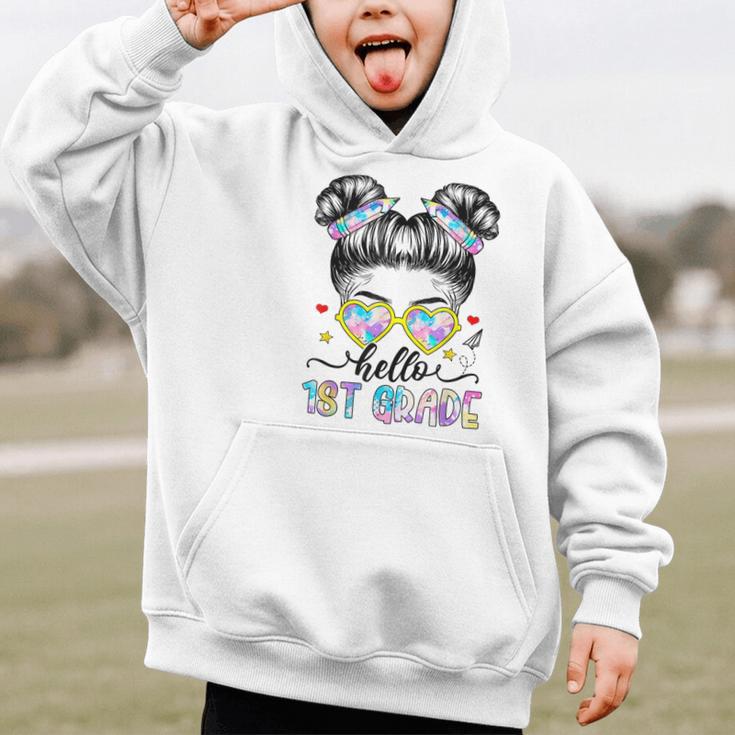 Hello 1st Grade Messy Bun Girl Back To School First Day Graphic Kid Hoodie
