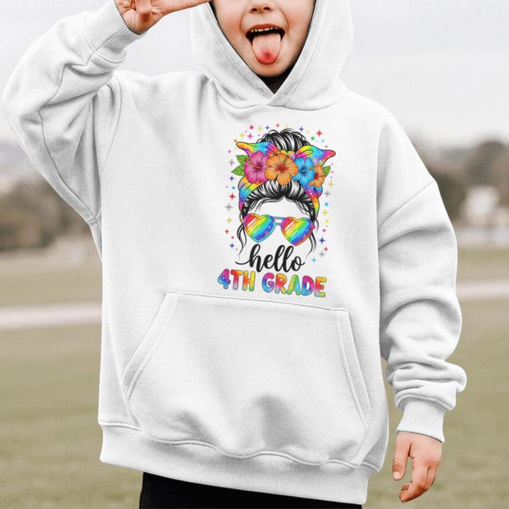 Hello 4th Grade Messy Bun Girls Back To School First Day Graphic Kid Hoodie Hello 4th Grade Messy Bun Girls Back To School First Day Graphic Kid Hoodie