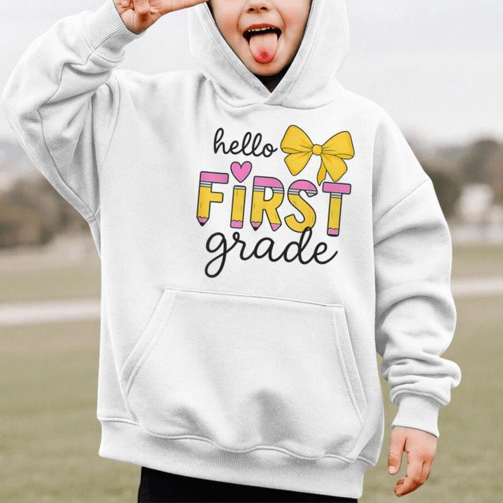 Hello First Grade For Girls Boys Cute Back To School Pencil Graphic Kid Hoodie Hello First Grade For Girls Boys Cute Back To School Pencil Graphic Kid Hoodie