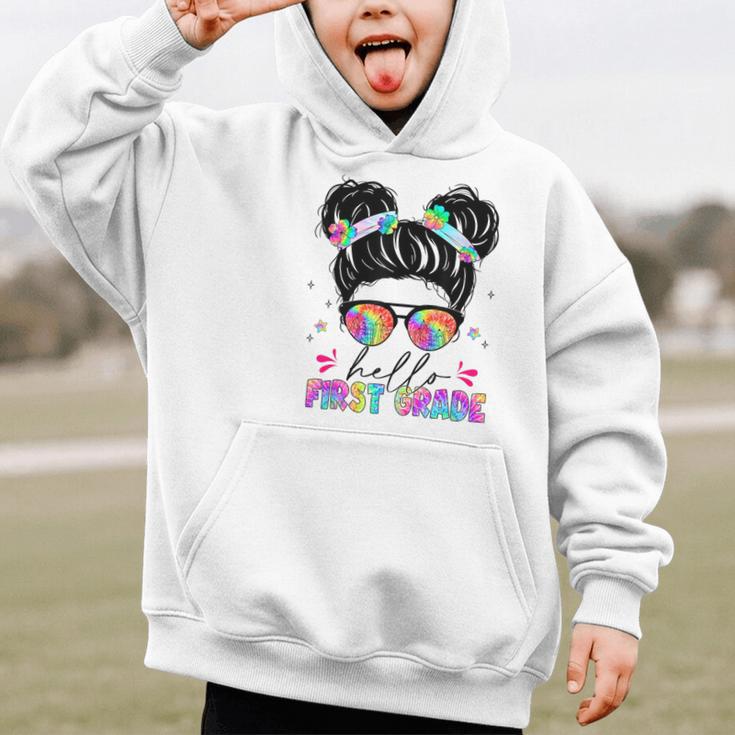 Hello First Grade Shirt Messy Bun Tie Dye Back To School Graphic Kid Hoodie Hello First Grade Shirt Messy Bun Tie Dye Back To School Graphic Kid Hoodie