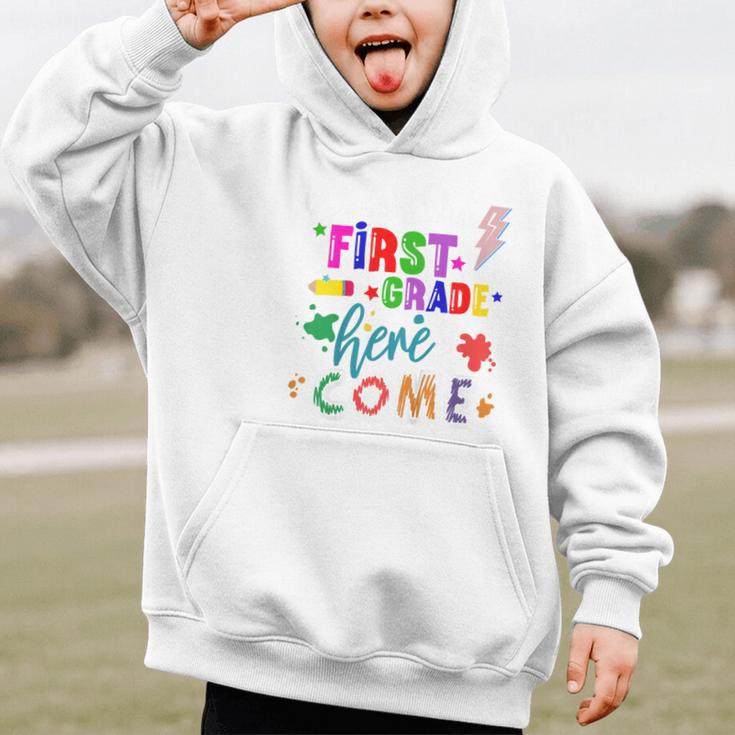 Kids Watch Out First Grade Here I Come 1st Grade Back To School Graphic Kid Hoodie
