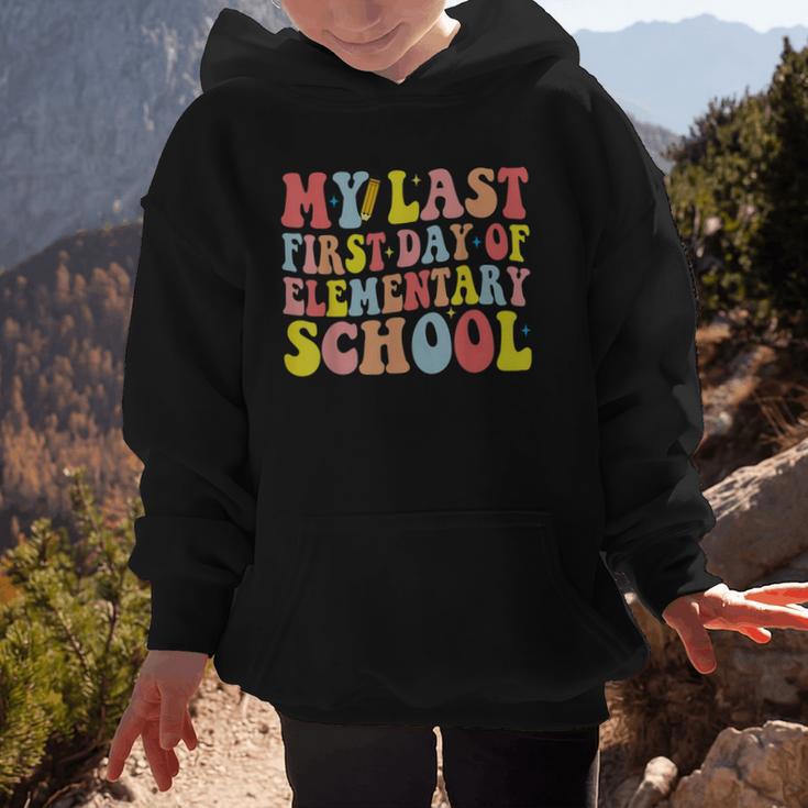 My Last First Day Of Elementary School Groovy Back To School Graphic Kid Hoodie My Last First Day Of Elementary School Groovy Back To School Graphic Kid Hoodie