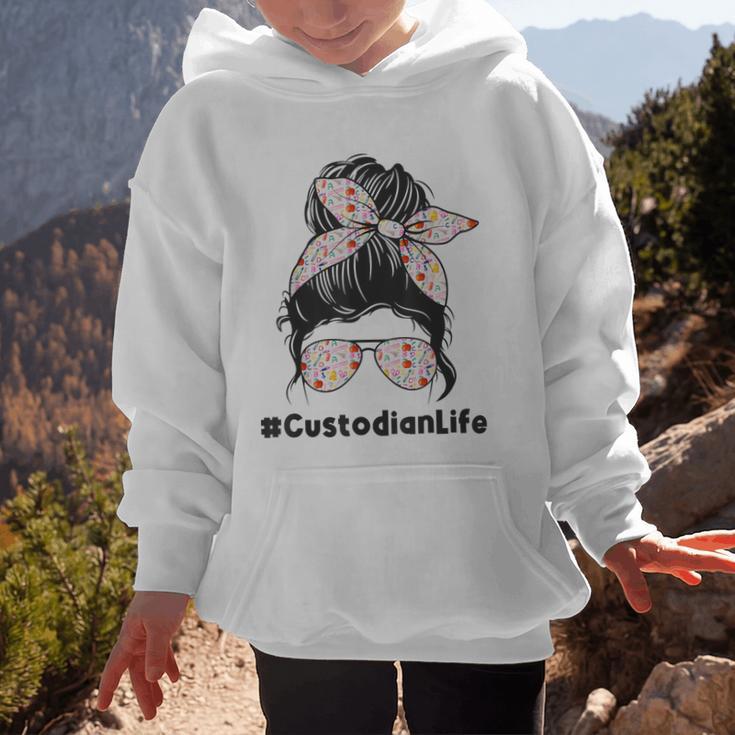 Custodian Life Messy Bun Hair Glasses Leopard Back To School Graphic Kid Hoodie
