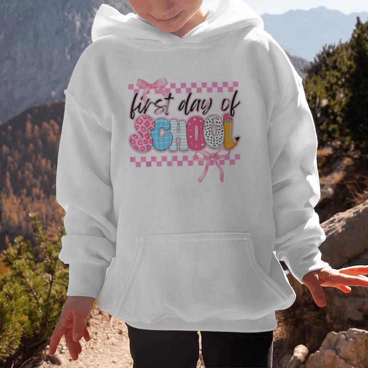 Girl First Day Of School Coquette Bow Pink Back To School Graphic Kid Hoodie Girl First Day Of School Coquette Bow Pink Back To School Graphic Kid Hoodie