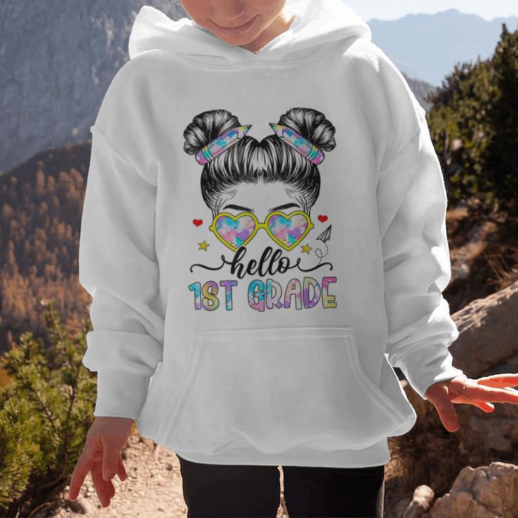 Hello 1st Grade Messy Bun Girl Back To School First Day Graphic Kid Hoodie