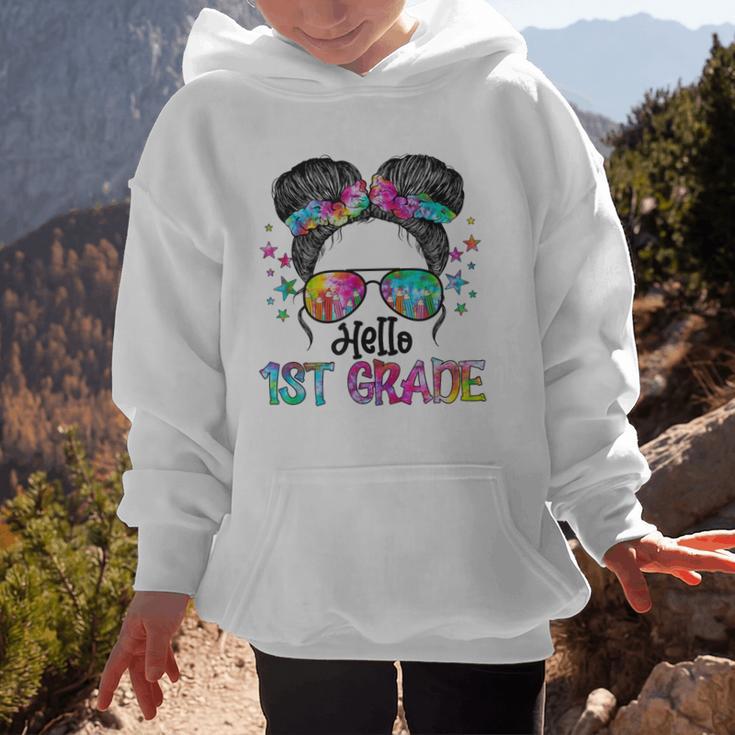 Messy Hair Bun Girl Back To School First Day Hello 1st Grade Graphic Kid Hoodie