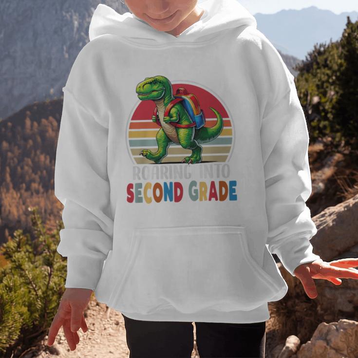 Roaring Into Second Grade T-Rex Back To School 2nd Grade Premium Tri-Blend Graphic Kid Hoodie