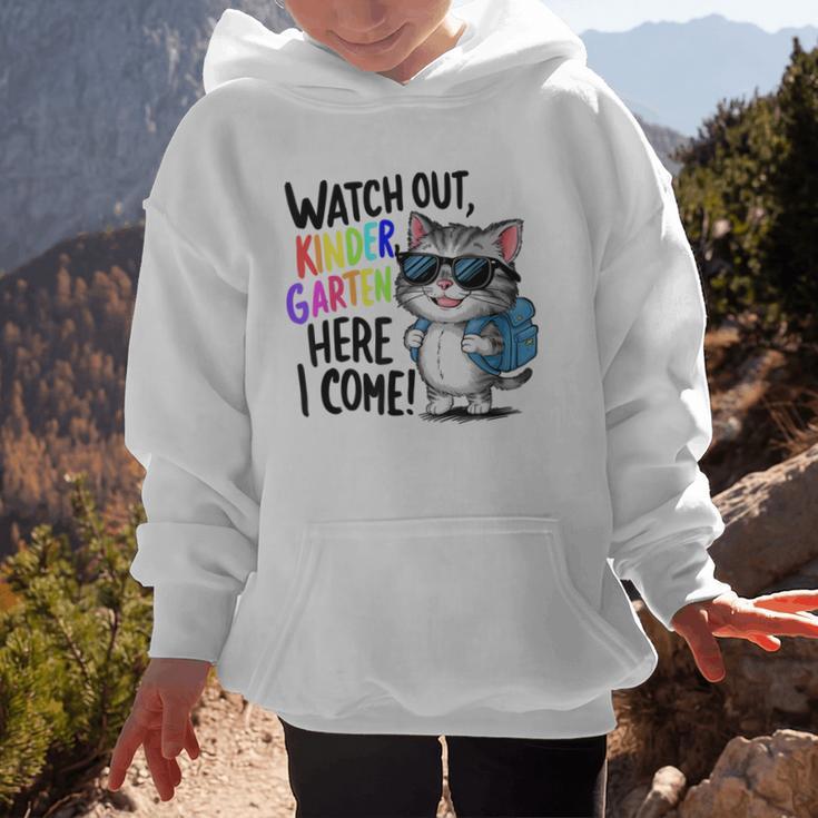 Watch Out Kindergarten Here I Come Cute Cat Back To School Graphic Kid Hoodie Watch Out Kindergarten Here I Come Cute Cat Back To School Graphic Kid Hoodie