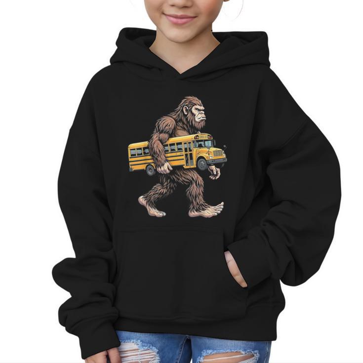 Bigfoot Carrying School Bus Sasquatch Back To School Graphic Kid Hoodie