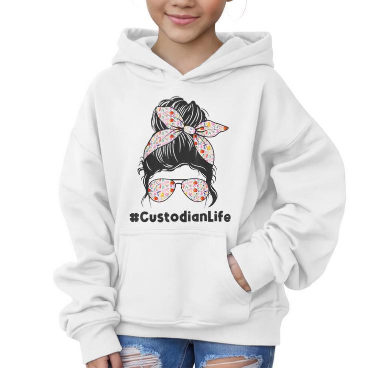Custodian Life Messy Bun Hair Glasses Leopard Back To School Graphic Kid Hoodie