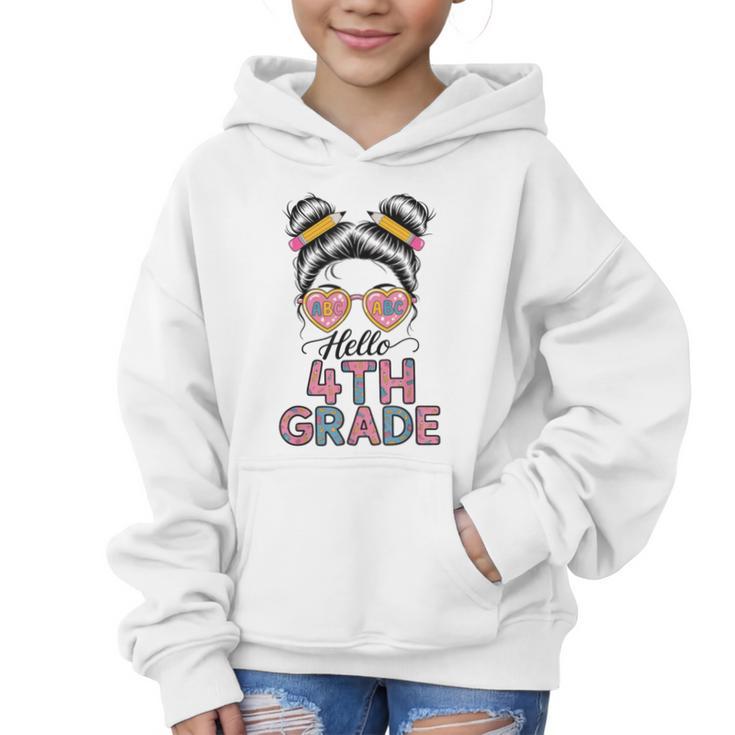 Hello 4th Grade Messy Bun Hair Back To School Girls Graphic Kid Hoodie