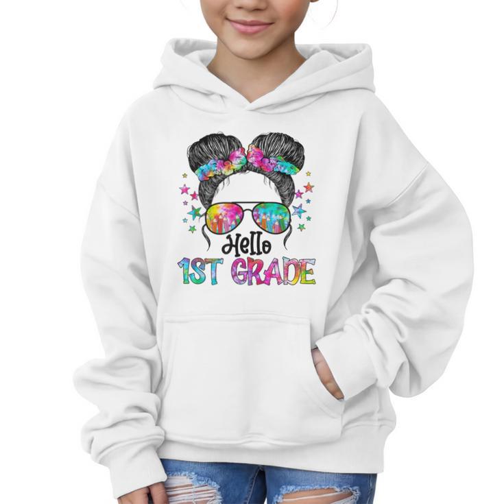 Messy Hair Bun Girl Back To School First Day Hello 1st Grade Graphic Kid Hoodie