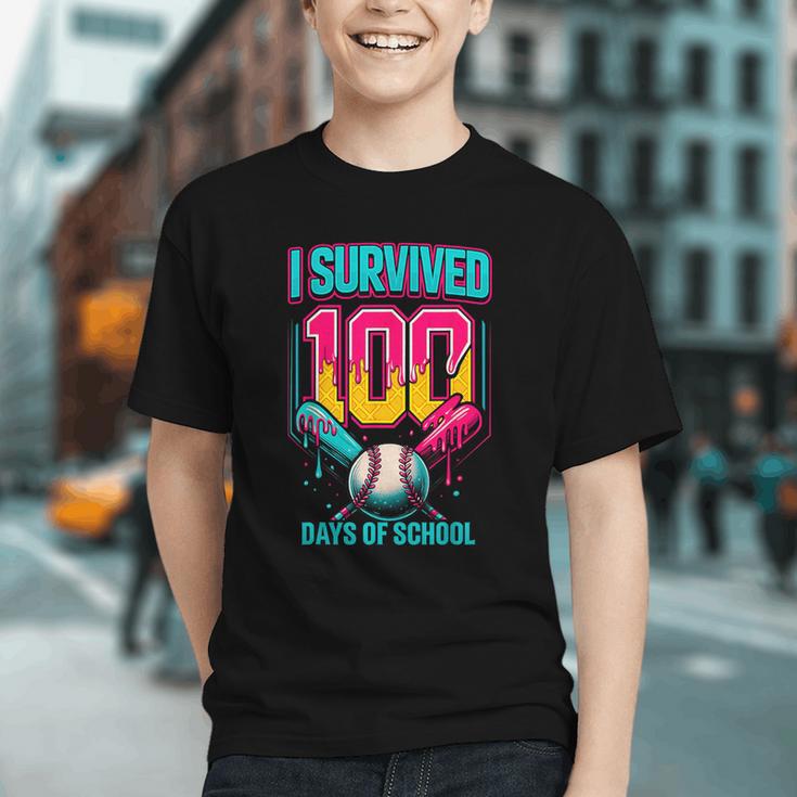 HUGvyn I Survived 100 Days Baseball Teacher Ice Cream Drip Graphic Youth