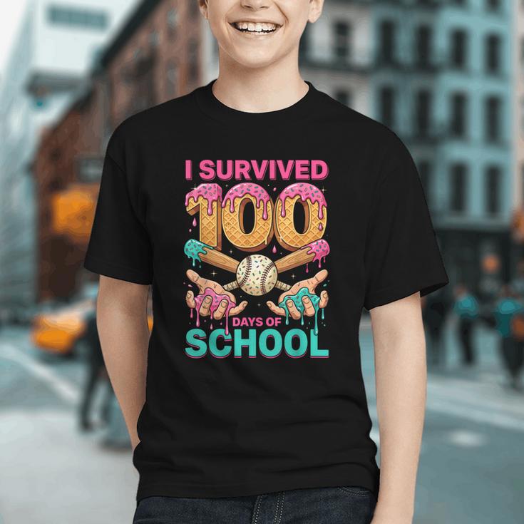 I Survived 100 Days Of School Baseball Ice Cream Drip Graphic Youth