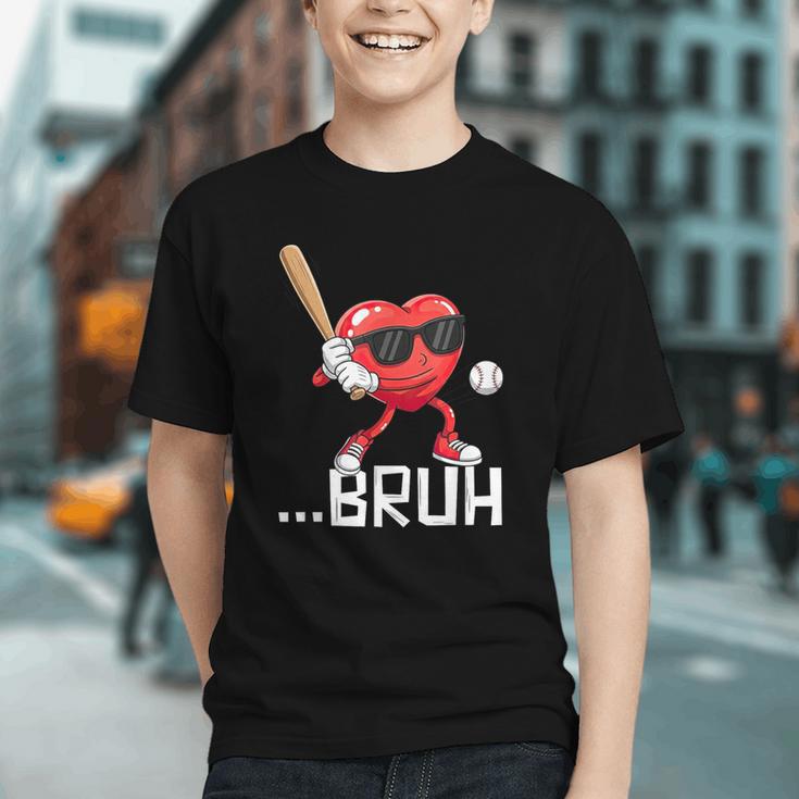 Valentines Bruh Red Heart Playing Baseball Men Boys Kids Graphic Youth