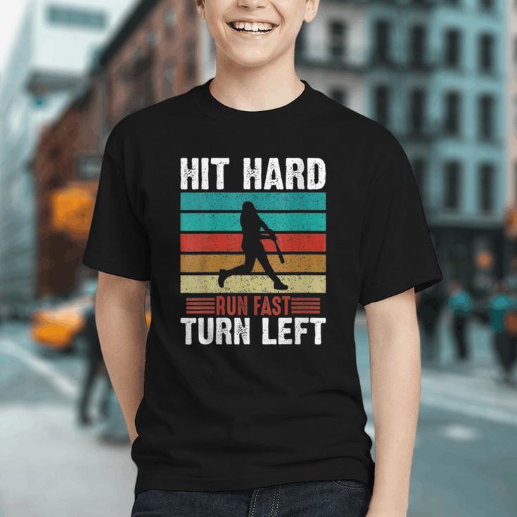 Women's Retro Hit Hard Run Fast Turn Left Baseball Lover Graphic Youth