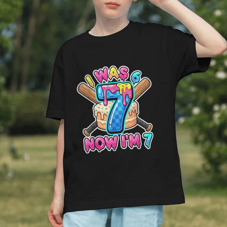 Blue Checkered I Was 6 Now I'm 7 Birthday Cake Baseball Drip Graphic Youth