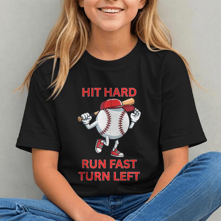 Hit Hard Run Fast Turn Left Baseball Player Graphic Youth