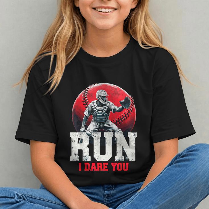 Run I Dare You Baseball Ball Player Catcher Coach Tee Graphic Youth Run I Dare You Baseball Ball Player Catcher Coach Tee Graphic Youth