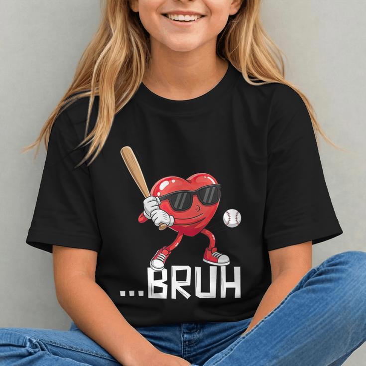 Valentines Bruh Red Heart Playing Baseball Men Boys Kids Graphic Youth