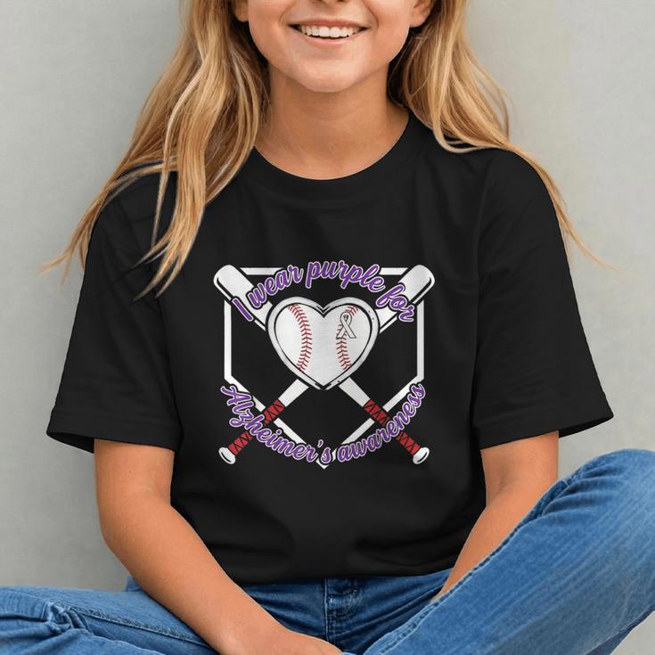 I Wear Purple For Alzheimers Awareness Baseball Heart Ribbon Graphic Youth