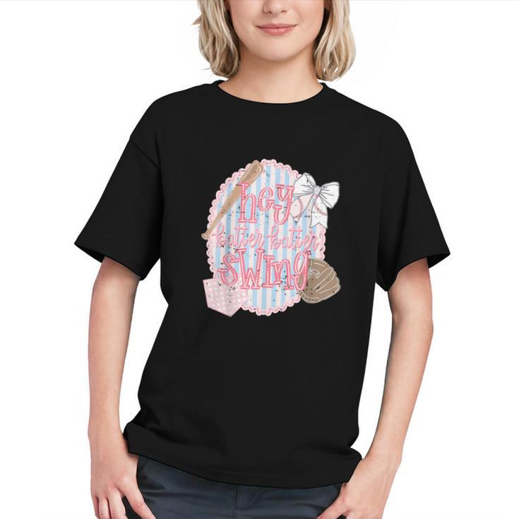 Hey Batter Batter Swing Baseball Game Day Coquette Bow Girly Graphic Youth