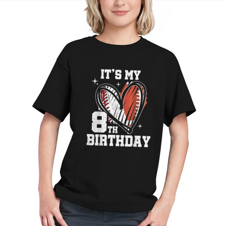 It's My 8th Birthday Baseball Football Heart 8 Year Old Graphic Youth