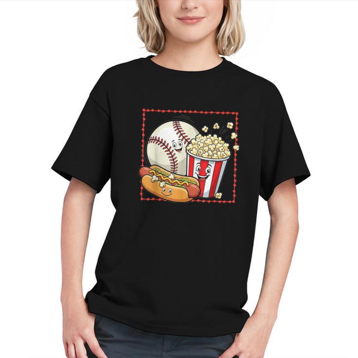 Smiling Baseball Popcorn And Hot-Dog Cartoon Apparel Graphic Youth