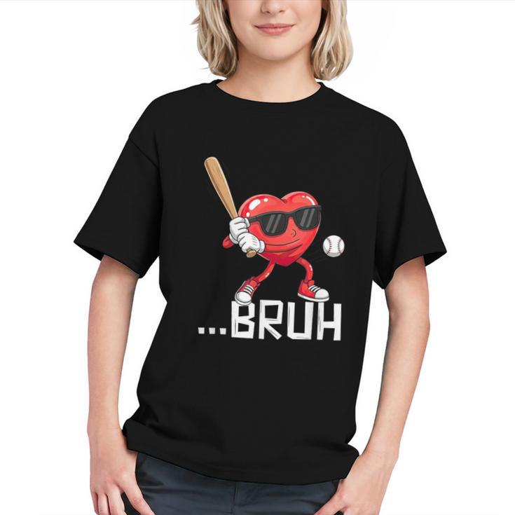 Valentines Bruh Red Heart Playing Baseball Men Boys Kids Graphic Youth