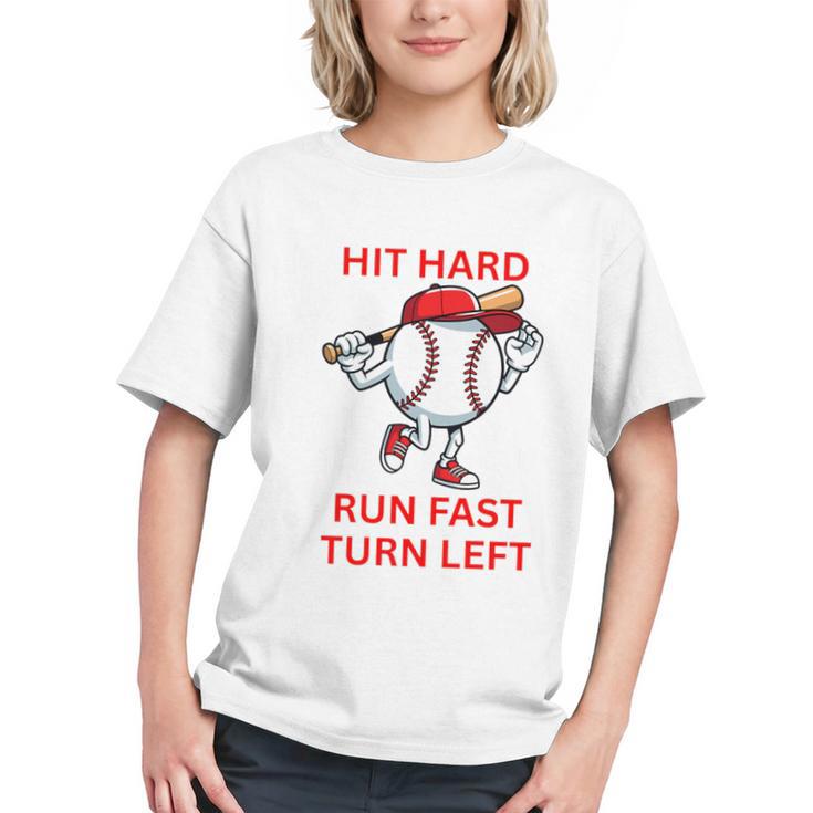 Hit Hard Run Fast Turn Left Baseball Player Premium Tri-Blend Graphic Youth