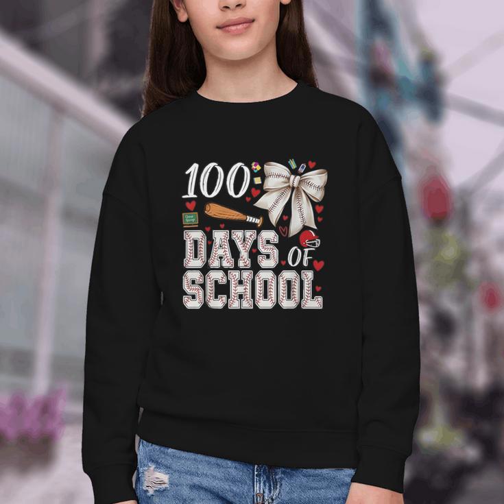 100 Days Of School Baseball 100th Day Of School Coquette Bow Youth Crewneck Sweatshirt