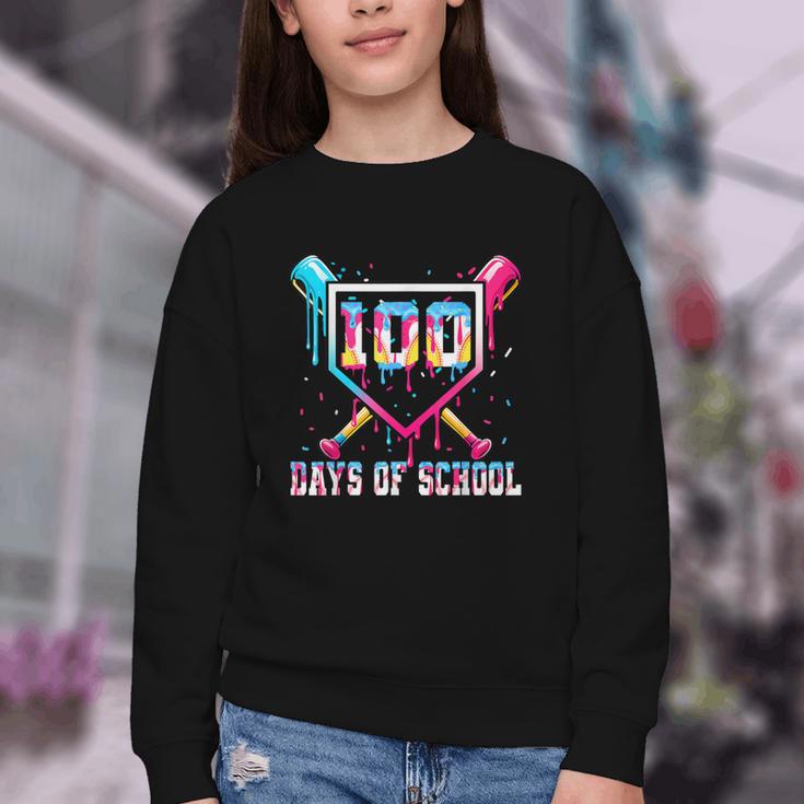 100 Days Of School Boy Kids Baseball Ice Cream Drip Teacher Youth Crewneck Sweatshirt