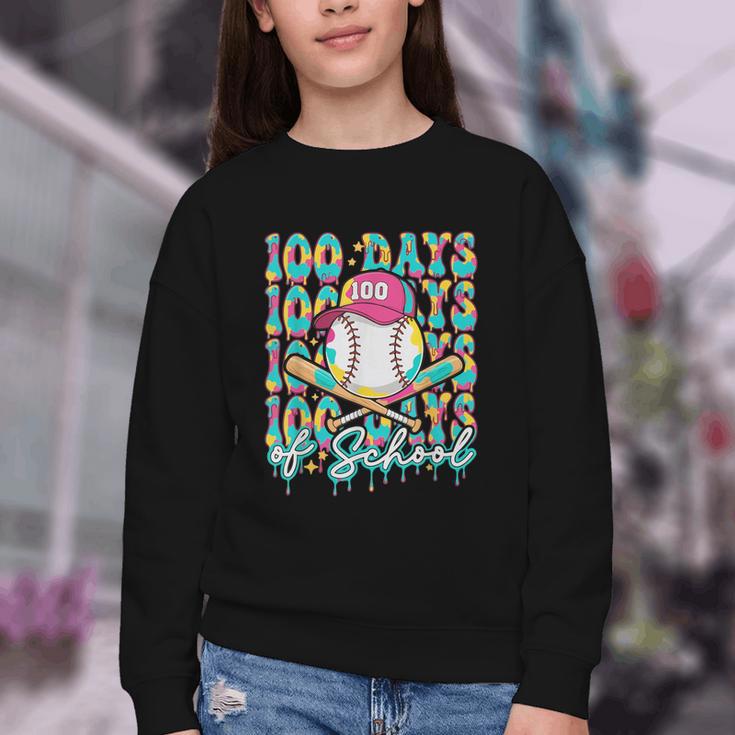 100 Days Of School Drip Baseball 100th Day Baseball School Youth Crewneck Sweatshirt