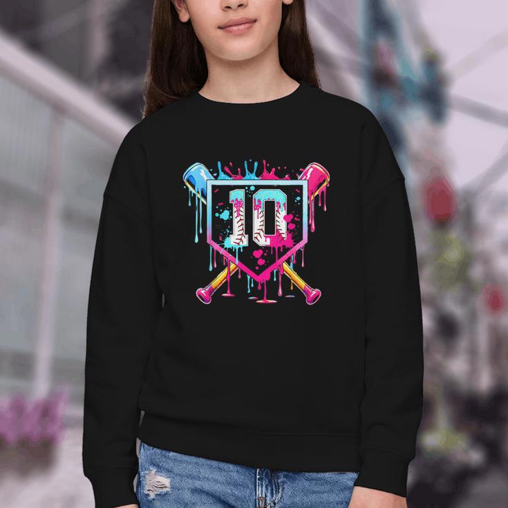 10th Birthday Boys Baseball Ice Cream Drip Boys Baseball Youth Crewneck Sweatshirt
