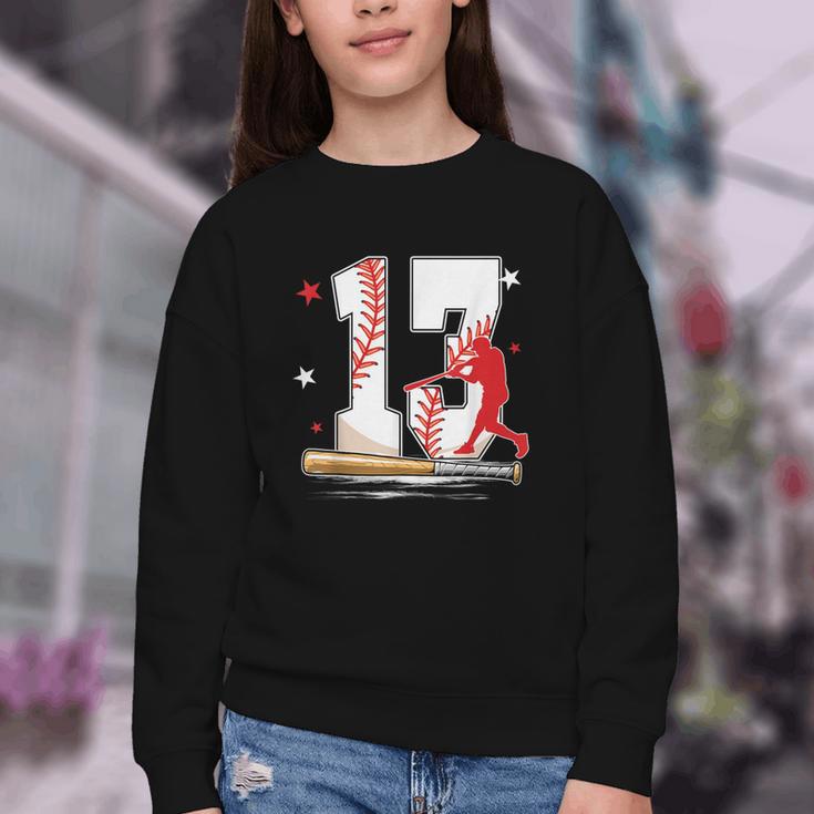 13 Years Old Baseball Birthday Boy 13th Bday Party Youth Crewneck Sweatshirt 13 Years Old Baseball Birthday Boy 13th Bday Party Youth Crewneck Sweatshirt