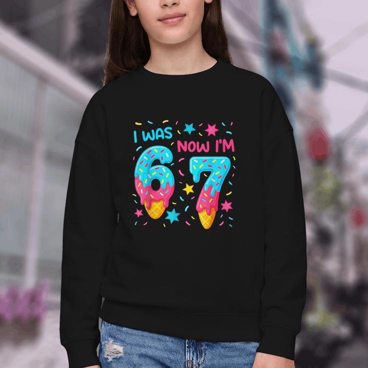 I Was 6 Now I'm 7 67 Birthday Baseball Drip 7 Year Old Youth Crewneck Sweatshirt