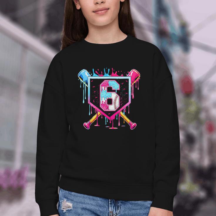 6th Birthday Boys Baseball Ice Cream Drip Boys Baseball Youth Crewneck Sweatshirt