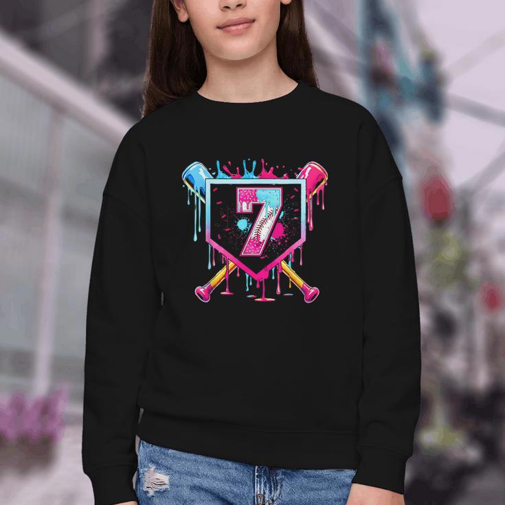 7th Birthday Boys Baseball Ice Cream Drip Boys Baseball Youth Crewneck Sweatshirt