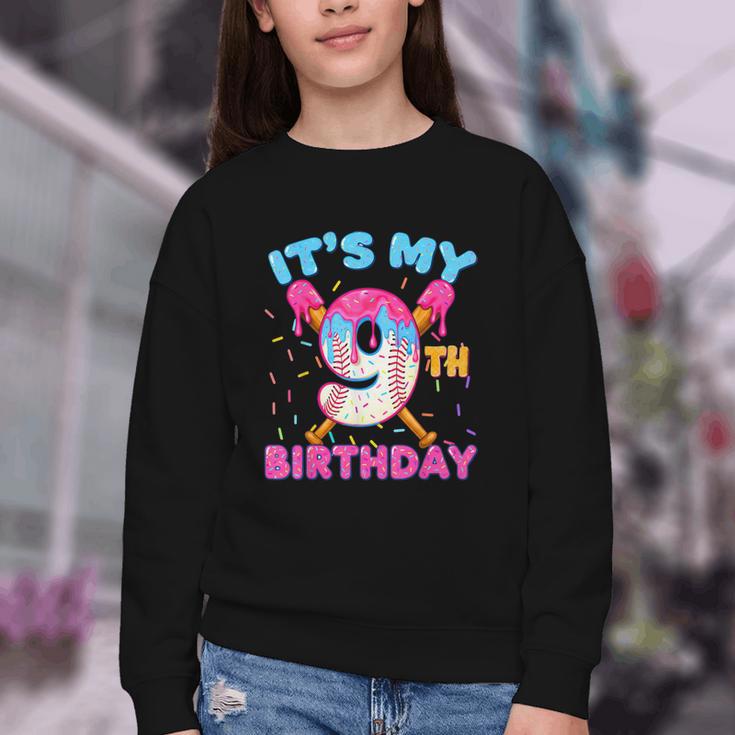 9th Birthday Baseball 9 Year Old Ice Cream Drip Boy Baseball Youth Crewneck Sweatshirt
