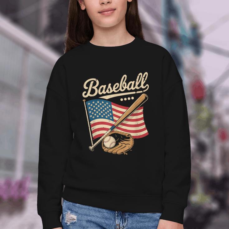 American Flag Baseball Player Bat Fan Catcher Pitcher USA Youth Crewneck Sweatshirt American Flag Baseball Player Bat Fan Catcher Pitcher USA Youth Crewneck Sweatshirt