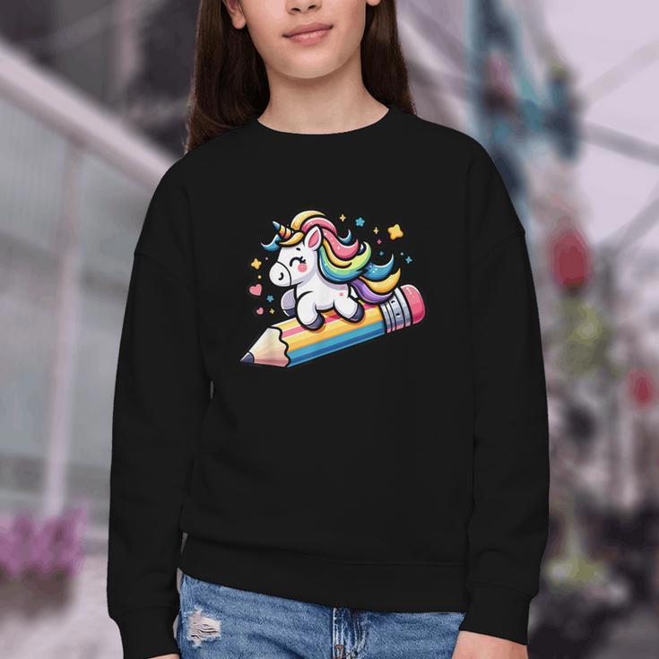Back To School Unicorn Riding A Pencil Youth Crewneck Sweatshirt